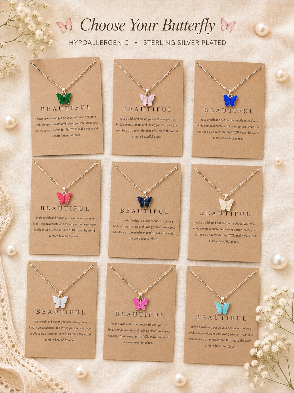 💜Butterfly Wish Necklace•Acrylic Pedant •Hypoallergenic•Multiple Colors